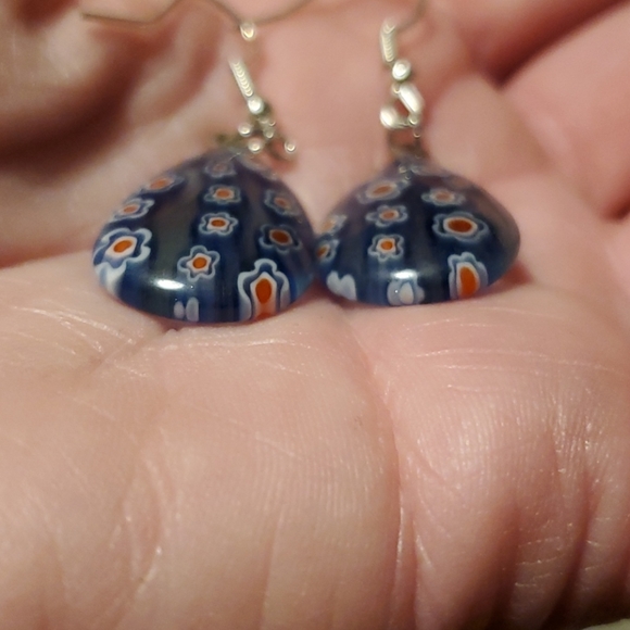 *Sale* New Pear Shaped Blue and Red Millefiori Glass Earrings. - Picture 3 of 4